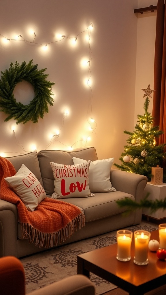 Simple Christmas Aesthetic Decor Ideas Cozy Christmas living room with decorated tree, warm lights, and festive decor.